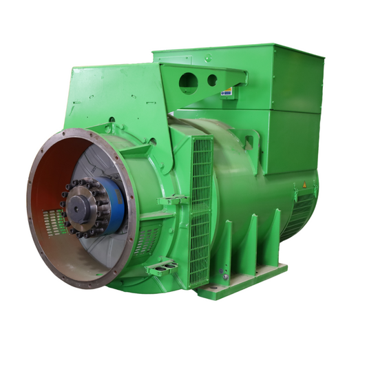 Alternatore trifase Stamford HCG634H2 con verniciatura verde, sistema di raffreddamento, terminali laterali e cablaggi posteriori.